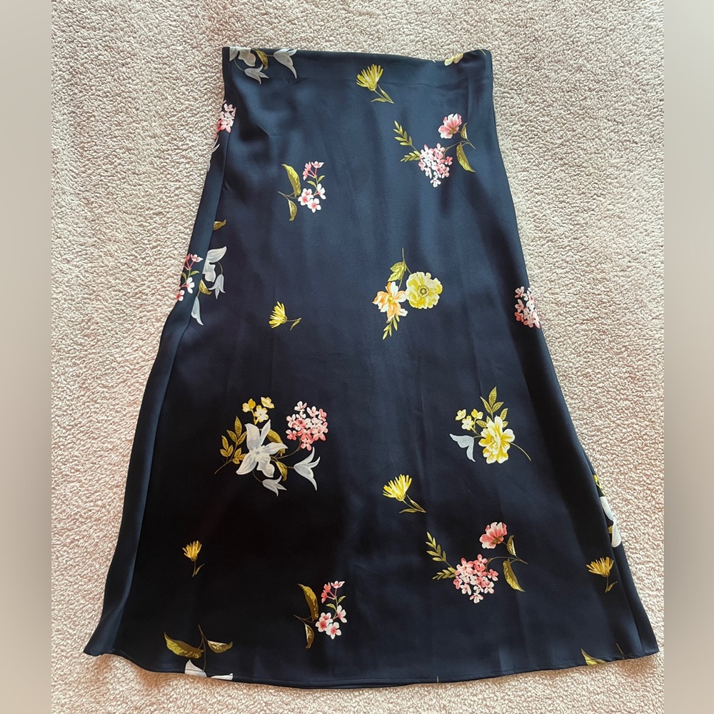 LOFT Navy A-Line Midi Skirt with Pink & Yellow Floral Print